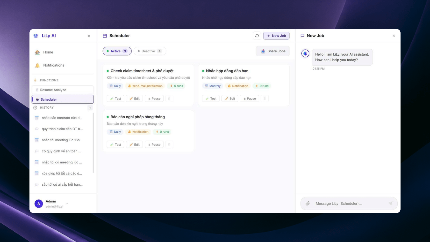 Automated jobs screen. Users can create their own automated tasks using natural language.